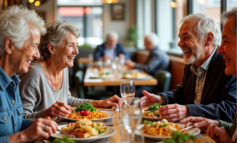 A group of people are sitting around a table eating food. Description generated by AI