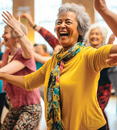 A woman in a yellow shirt is smiling and dancing in a group of people. AI generated content