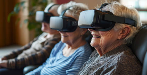 Two women wearing VR headsets. Description generated by AI
