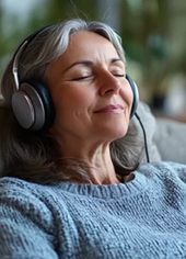 A woman wearing headphones is sitting on a couch. AI generated content