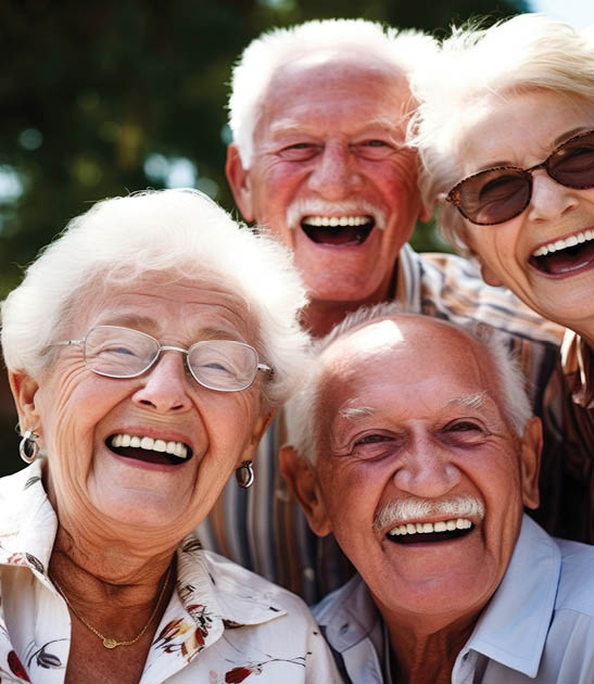 portrait of a group of happy senior friends having fun outside together, created with generative ai